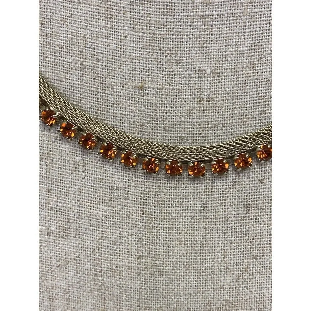 Weiss Gold Tone Mesh Amber Orange Rhinestone Necklace & Bracelet Set Vintage